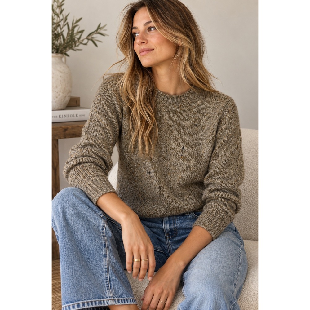 FORE Women Brown Wool Blend Speckled Knit Crewneck Sweater TI5428LA Size S